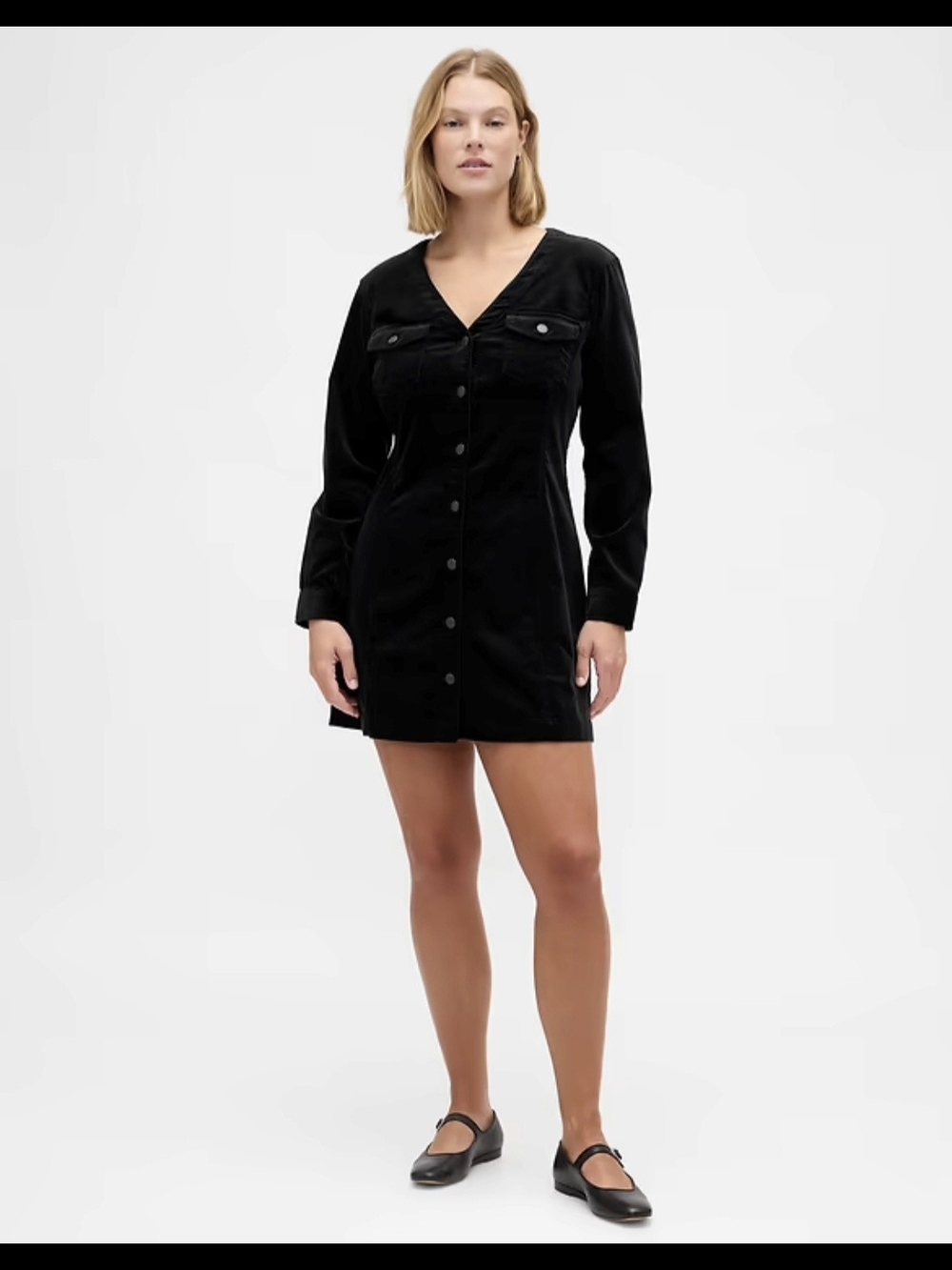 Black Button-Front V-Neck Mini Dress